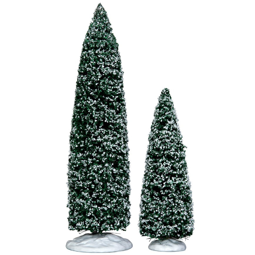Village accessories for a Lemax display. Designed to look like two trees covered in snow. One is larger than the other.