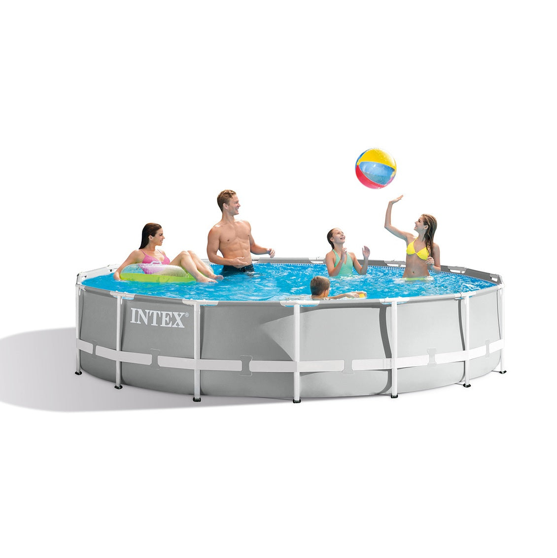 This is a lifestyle image showing a family inside the pool on a white background.
