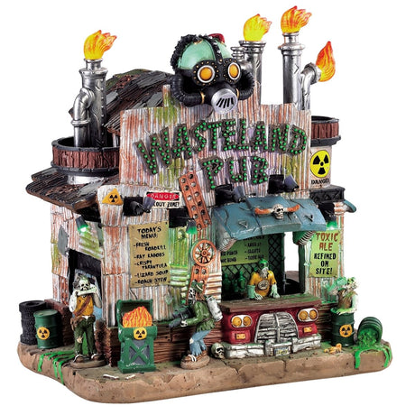 Porcelain lighted building for a Lemax display. Designed to look like an apocalyptic and rusty pub. There are flames coming out of the chimneys and a plague mask statue on the roof. There are biohazard warnings everywhere and lots of green ooze. There's a monster behind the bar. The bar looks like it's been made out of a car bumper.