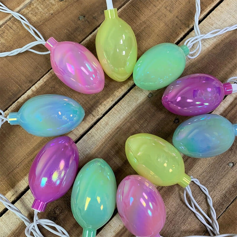 A set of 10 shiny Easter egg lights. Colors include light blue, dark pink, a golden yellow and lime green