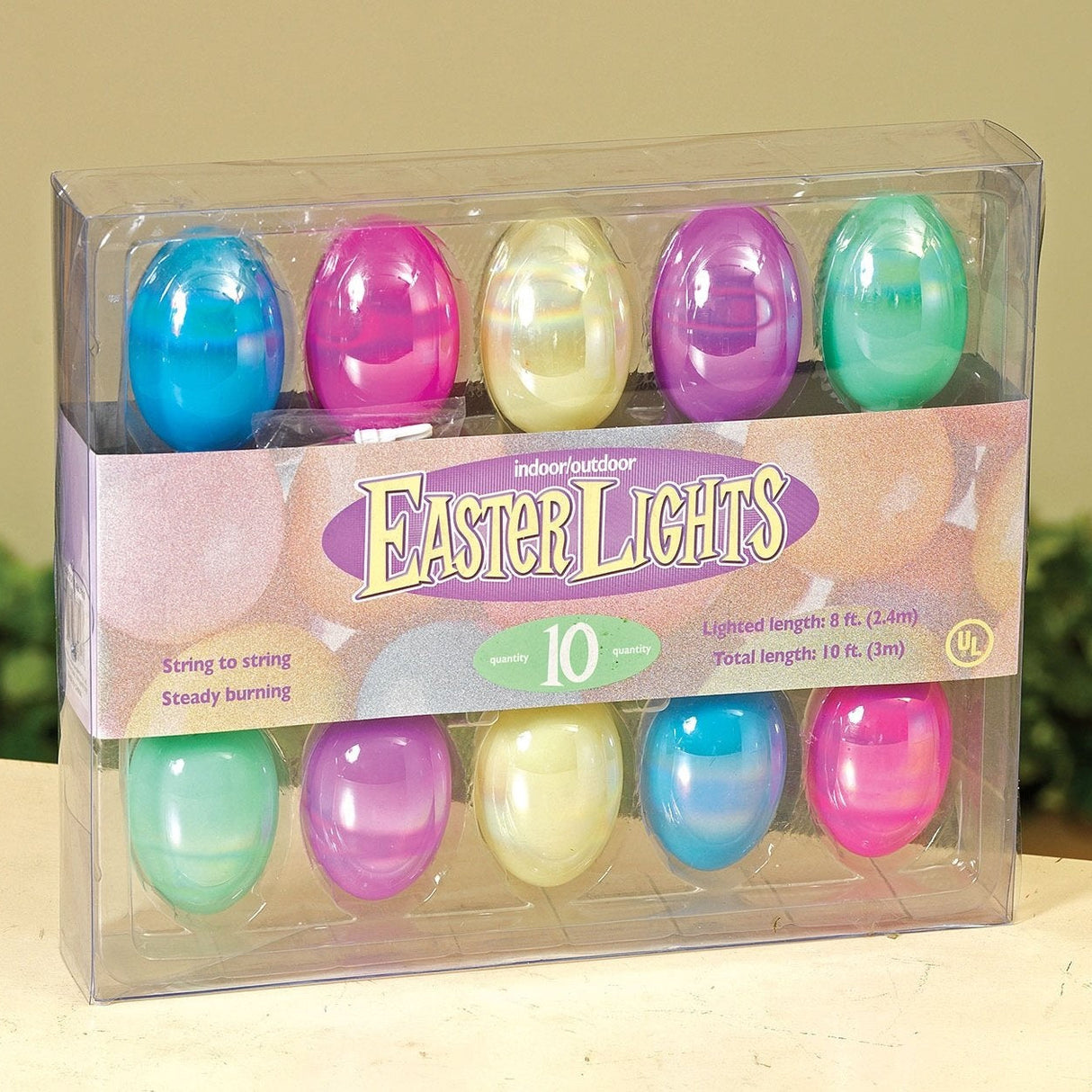 A set of 10 shiny Easter egg lights. Colors include light blue, dark pink, a golden yellow and lime green