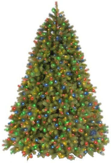 Artificial tree pre-lit with multi-colored lights.
