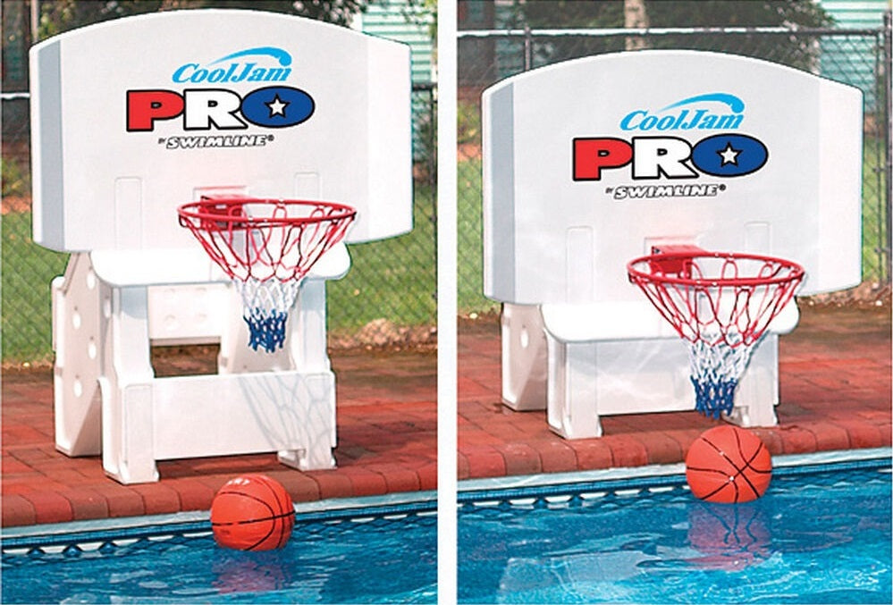 Poolside basketball hoop.