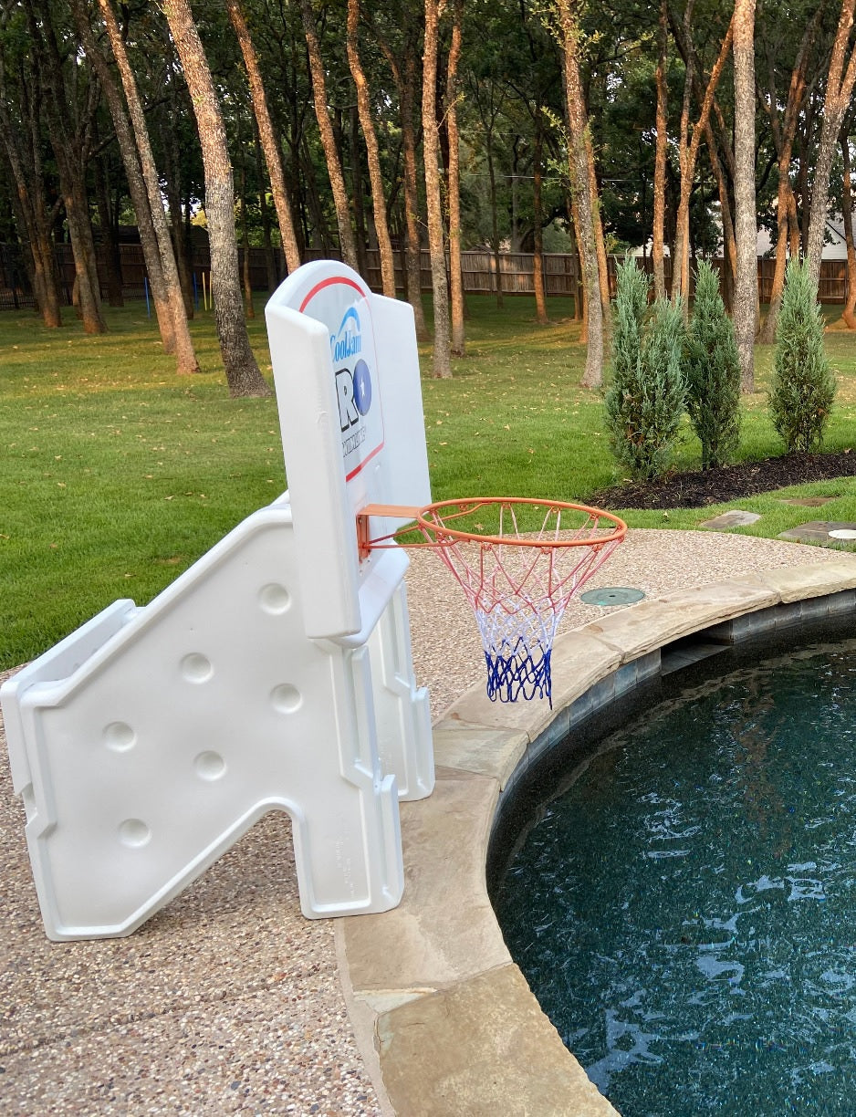 Poolside basketball hoop.