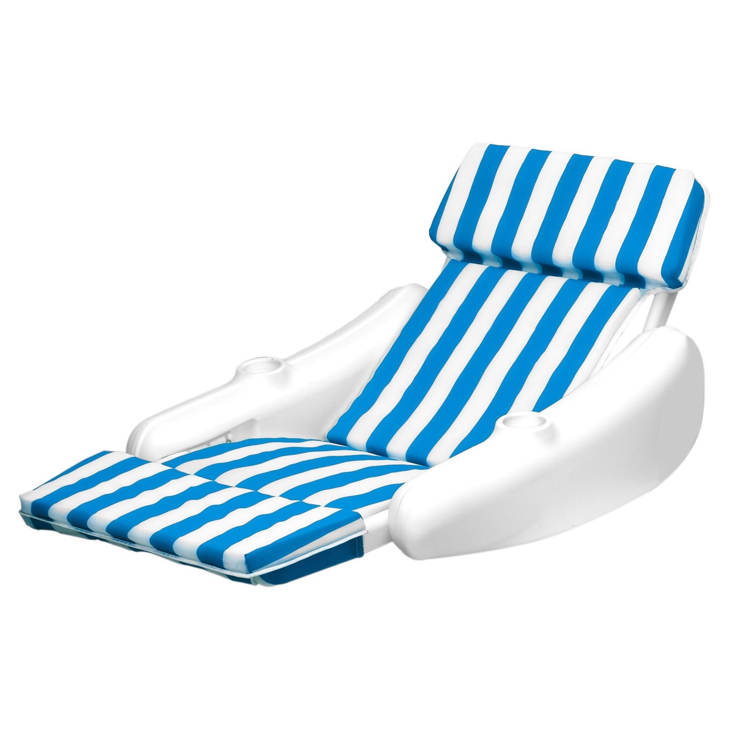 Blue and white striped padded pool chair.