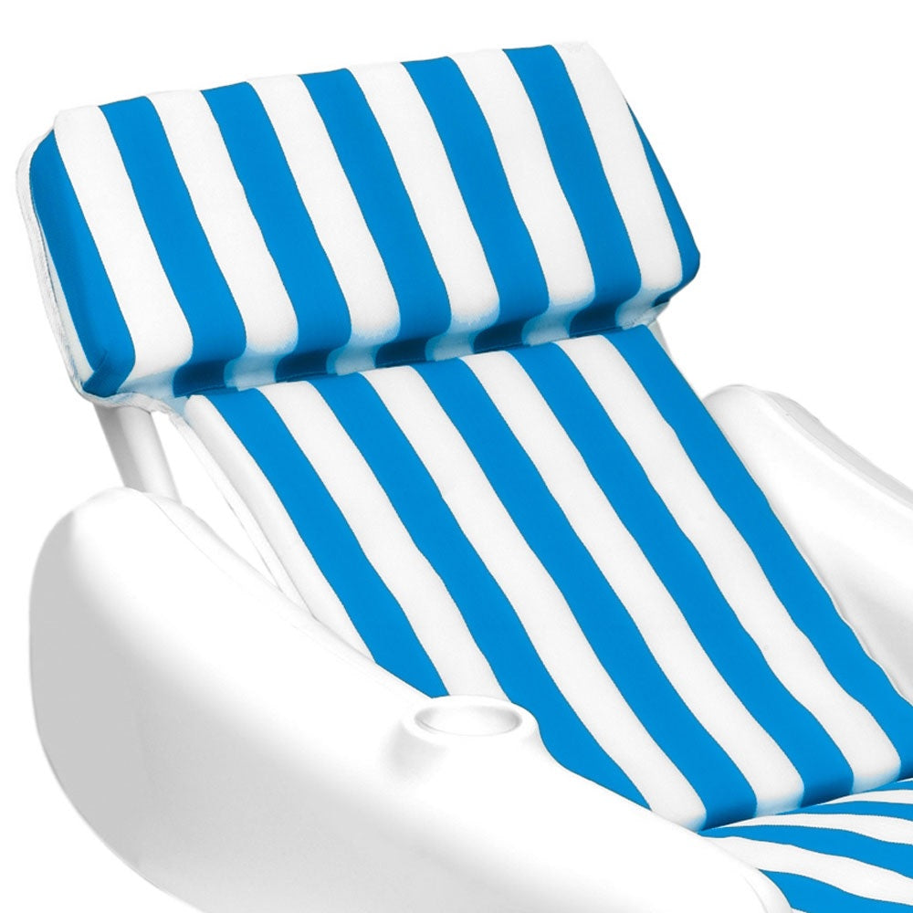 Blue and white striped padded pool chair.