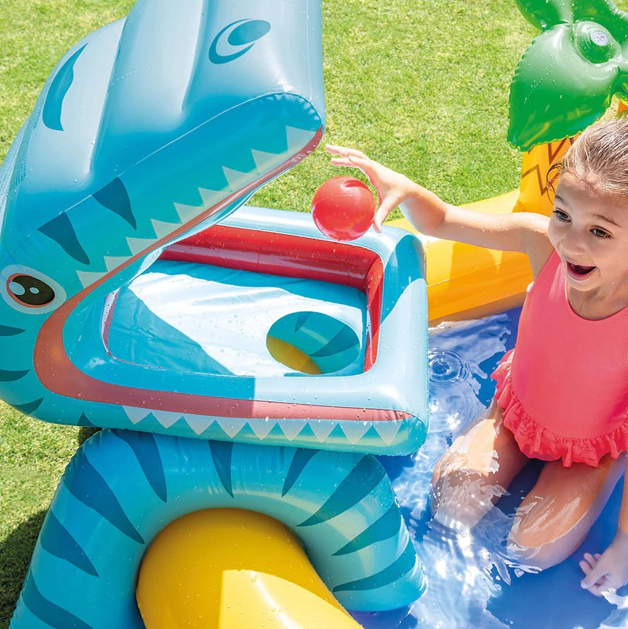 Dinosaur themed inflatable water park for kids.