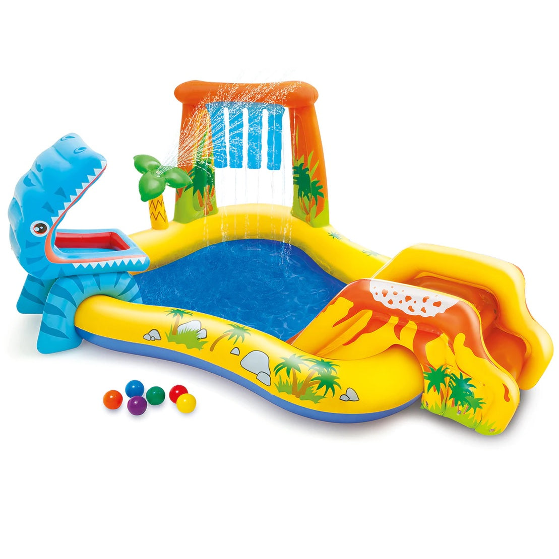 Dinosaur themed inflatable water park for kids.