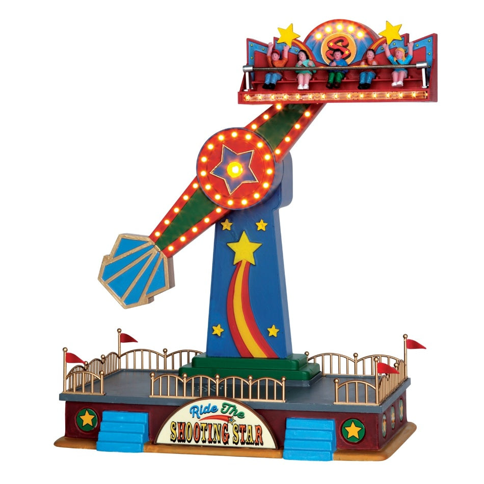 Porcelain and polyresin village accessory for a Lemax Carnival village. Designed to look like a very colorful carnival ride that takes you up in the air and then in a circle. There are kids on the ride.