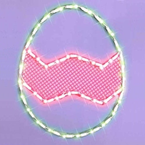 A window silhouette shaped like an egg. The colors are yellow and pink. The sign lights up