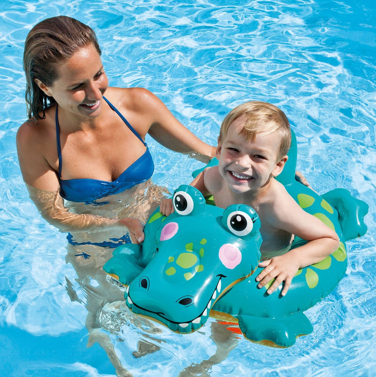 Inner tube for kids shaped like a cute, smiling alligator.