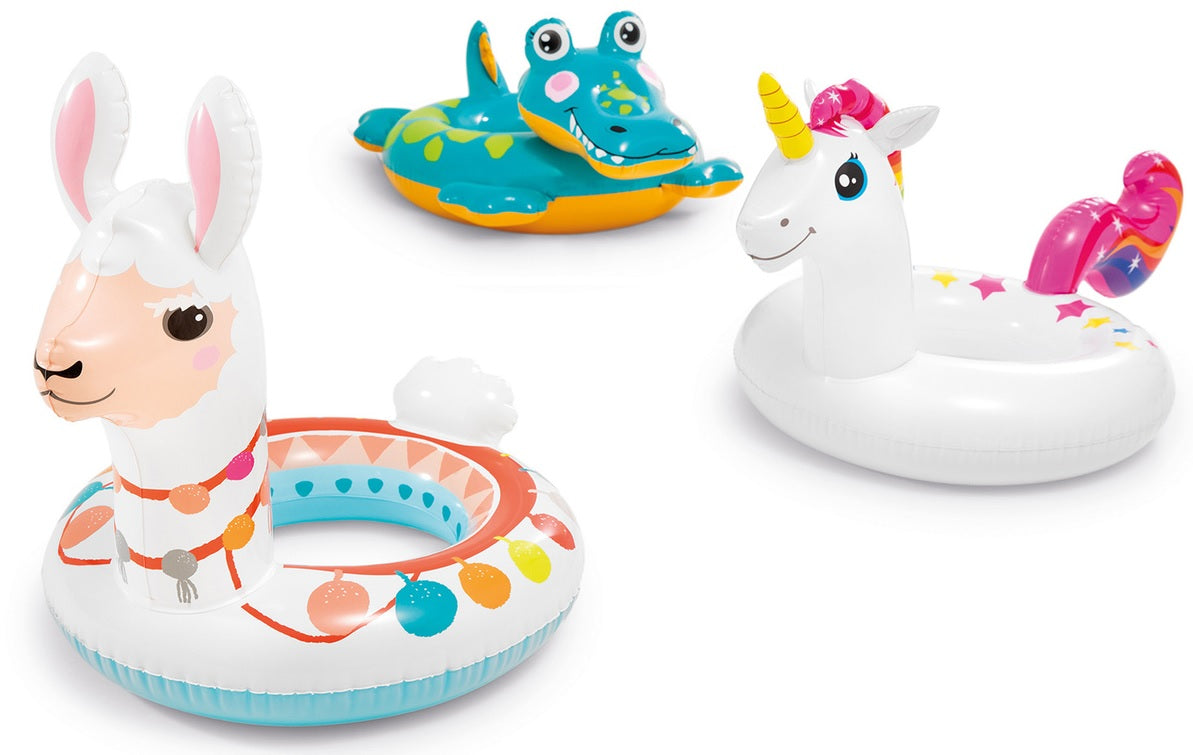 Inner tubes for kids shaped like different animals.