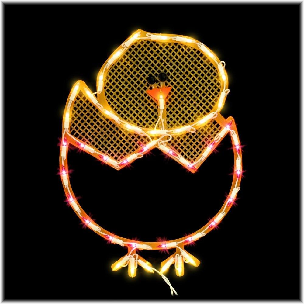 A window silhouette shaped like a chick in an egg. The colors are yellow, red and orange