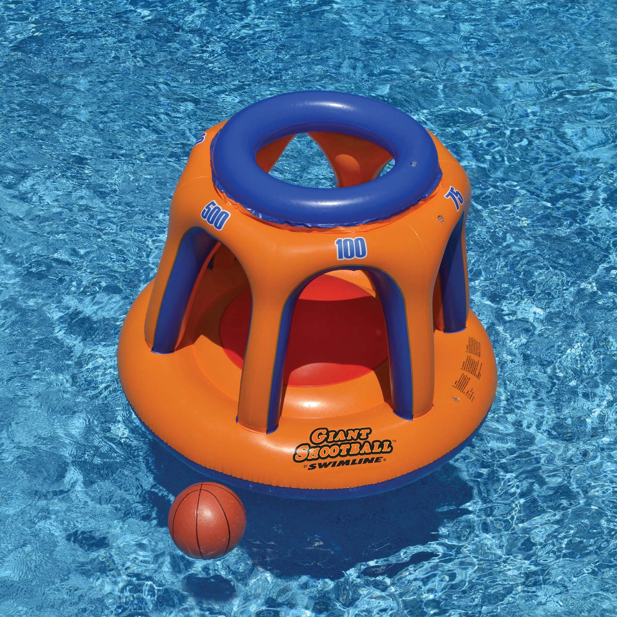 Pool inflatable shaped like a blue and orange basketball hoop.