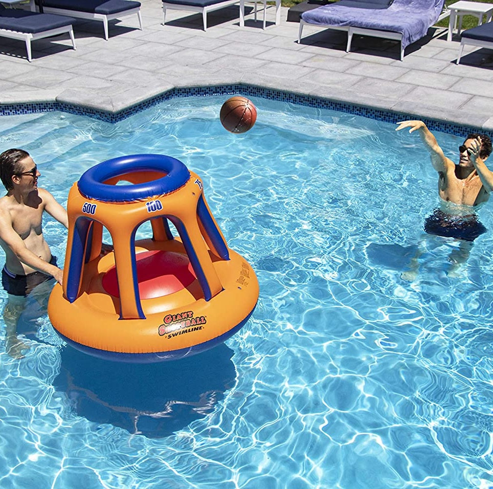 Pool inflatable shaped like a blue and orange basketball hoop.
