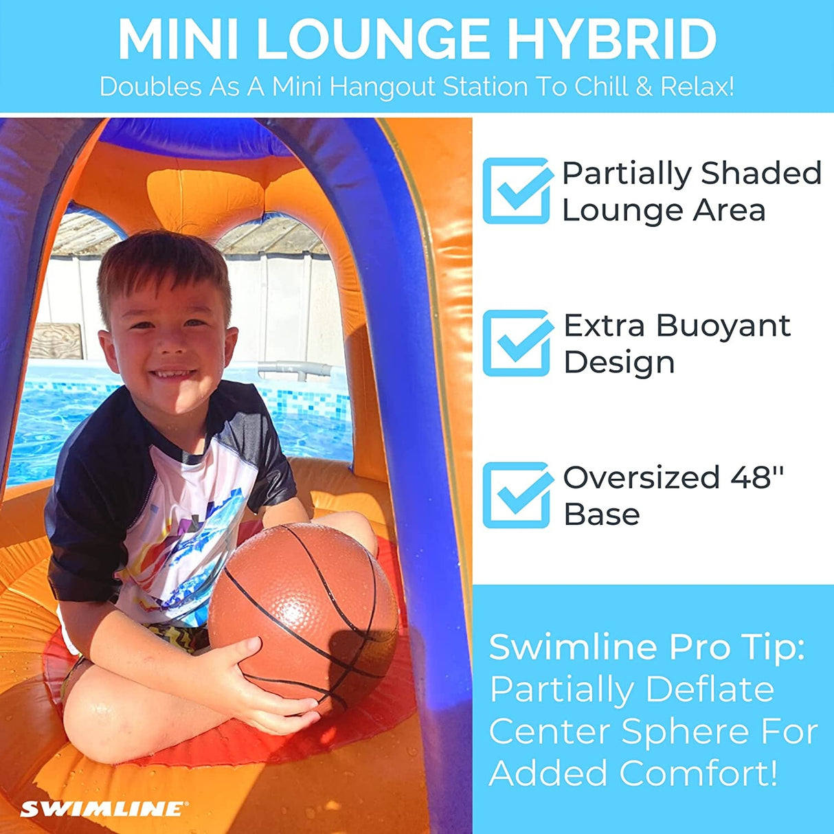 Pool inflatable shaped like a blue and orange basketball hoop.