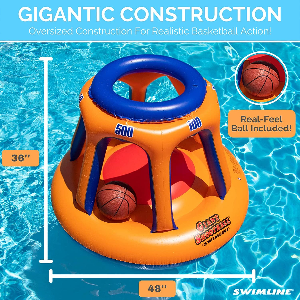 Pool inflatable shaped like a blue and orange basketball hoop.