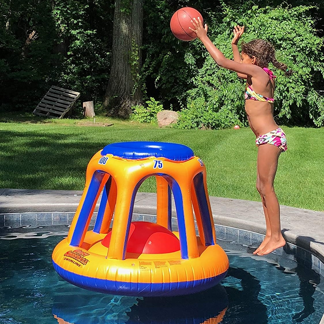 Pool inflatable shaped like a blue and orange basketball hoop.