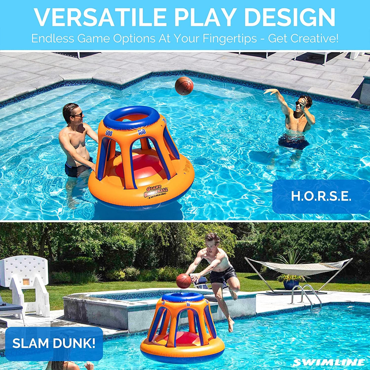 Pool inflatable shaped like a blue and orange basketball hoop.