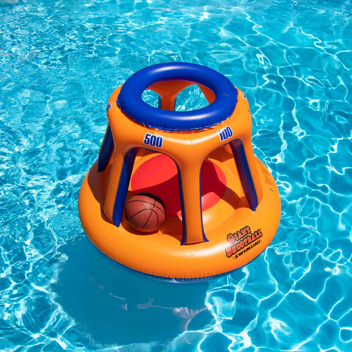 Pool inflatable shaped like a blue and orange basketball hoop.