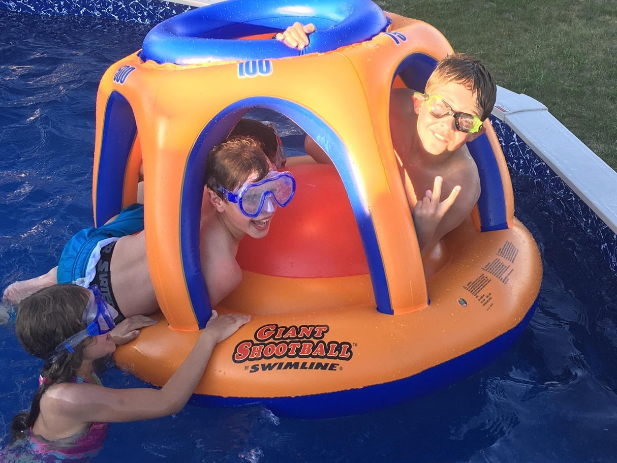 Pool inflatable shaped like a blue and orange basketball hoop.