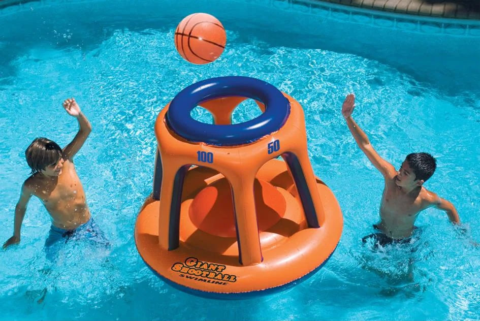 Pool inflatable shaped like a blue and orange basketball hoop.
