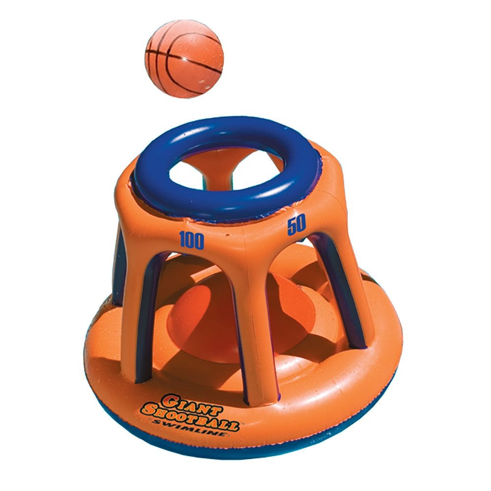 Pool inflatable shaped like a blue and orange basketball hoop.