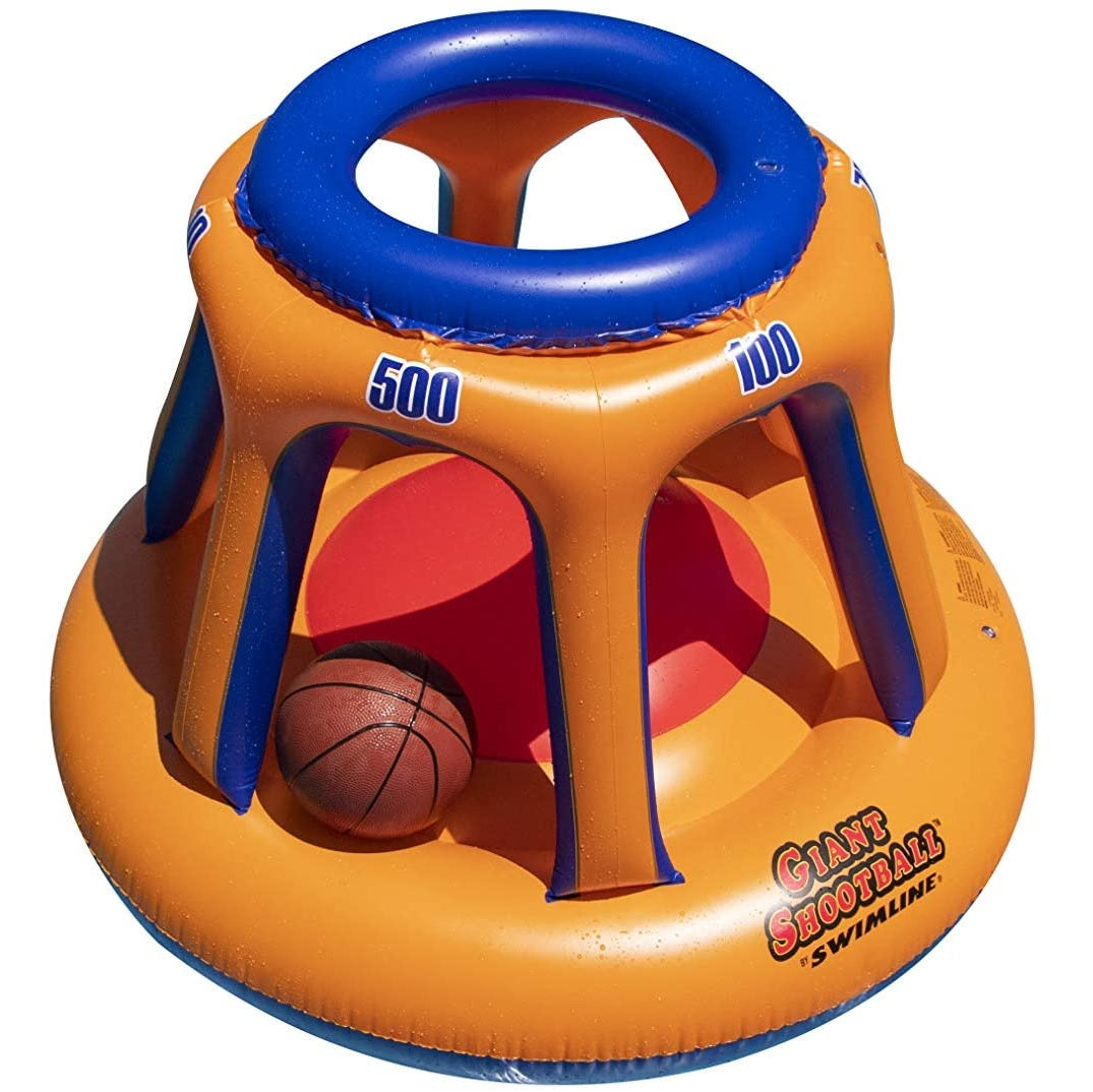Pool inflatable shaped like a blue and orange basketball hoop.