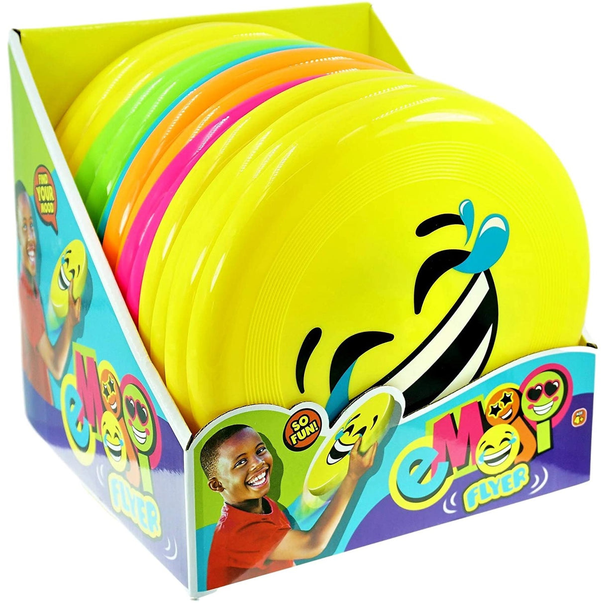 Brightly colored plastic frisbee with an emoji on it. Some of the emojis include a crying/laughing face, a smiling face wearing sunglasses shaped like a star and a smiling face with heart eyes. This image shows all of them in a box.