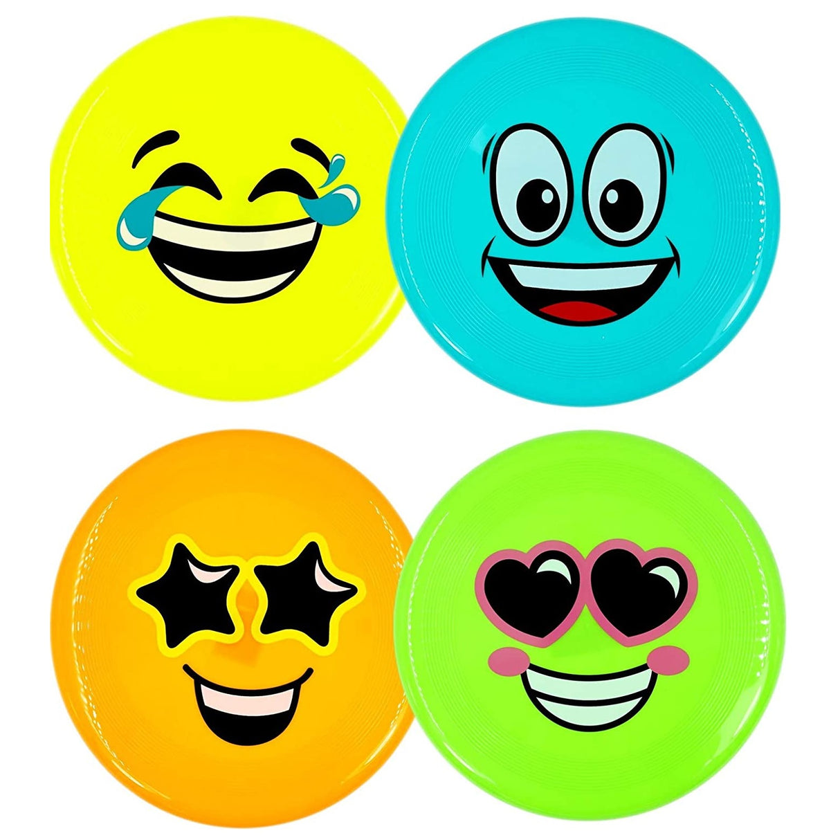 Plastic frisbee with an emoji on it. One is bright yellow with a crying/laughing face. One is a turquoise smiling face. One is an orange smiling face with sunglasses that are shaped like stars. One is a neon green smiling face with pink heart eyes and tiny pink cheeks.
