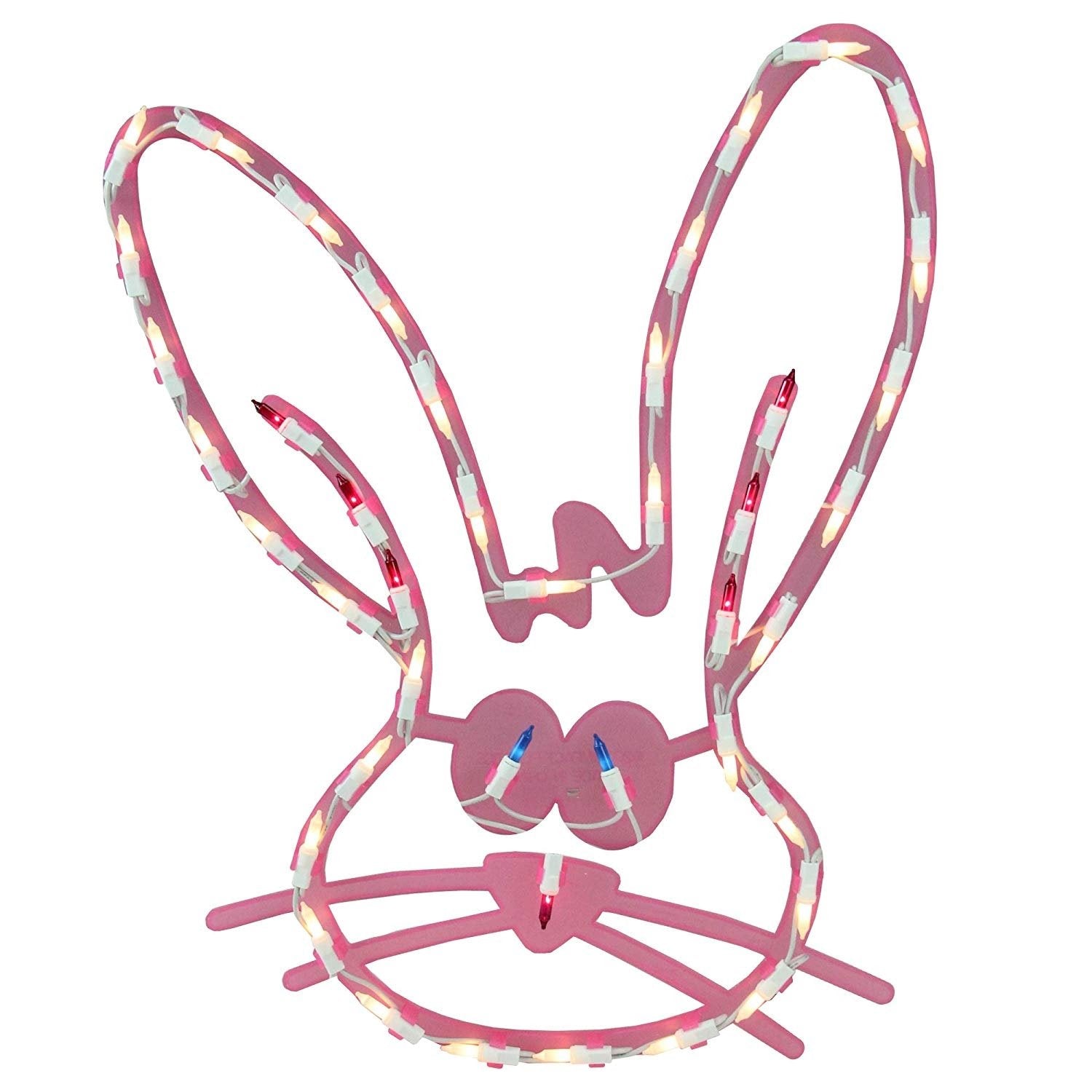 A pink window silhouette decoration for Easter. Designed to look like a cute bunny head with blue eyes and a red nose