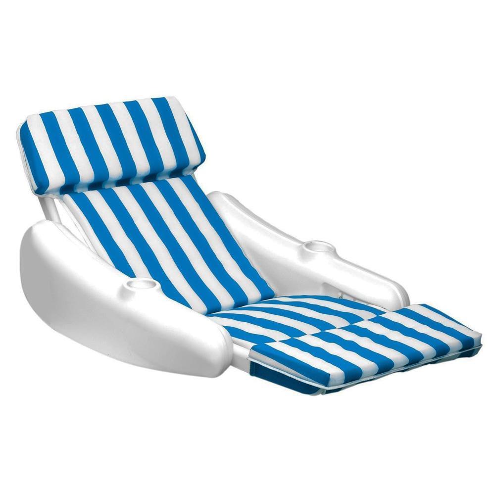 Blue and white striped padded pool chair.