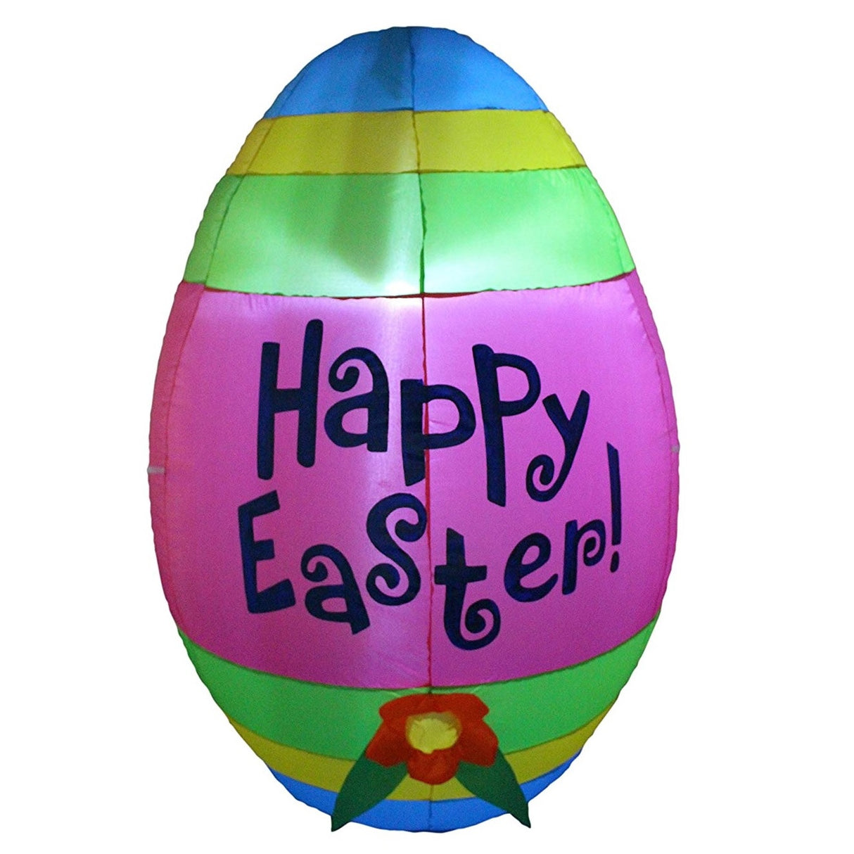 An inflatable egg for decorating outside. It reads "Happy Easter" in a fun font. The egg is blue, yellow, lime green and pink. It features a cute little orange flower at the bottom