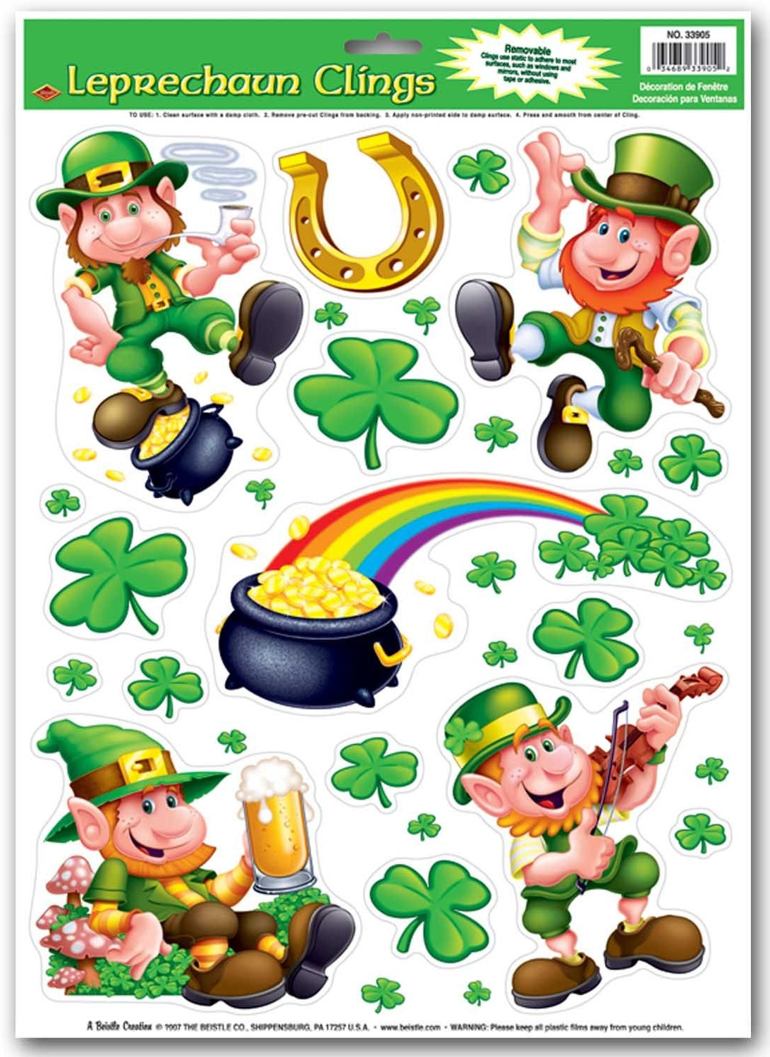 Window cling decorations for St. Patrick's Day. The clings are shaped like leprechauns wearing green outfits and green top hats, shamrocks, a pot of gold with a rainbow coming out of it and a gold horseshoe.