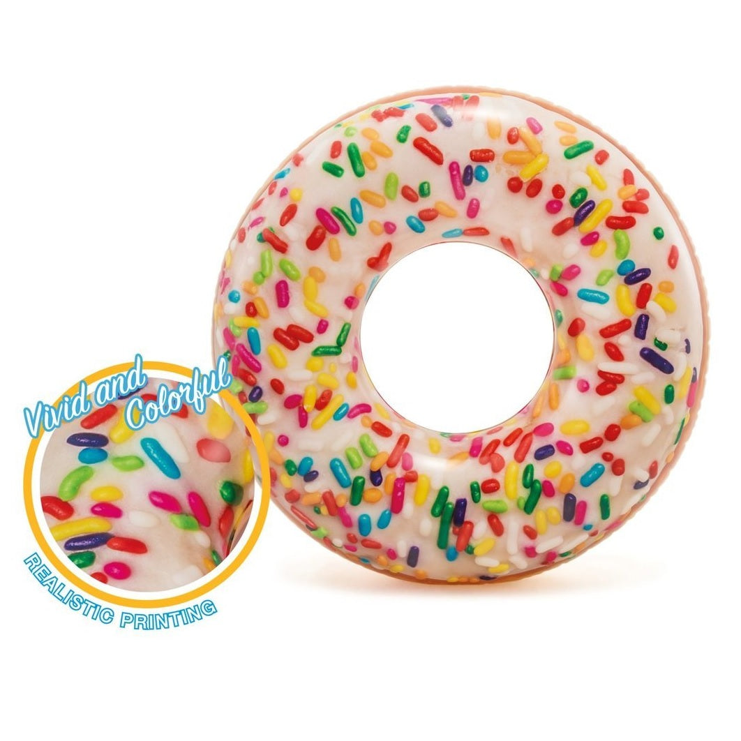 Inflatable inner tube designed to look like a donut with frosting and multi-colored sprinkles.
