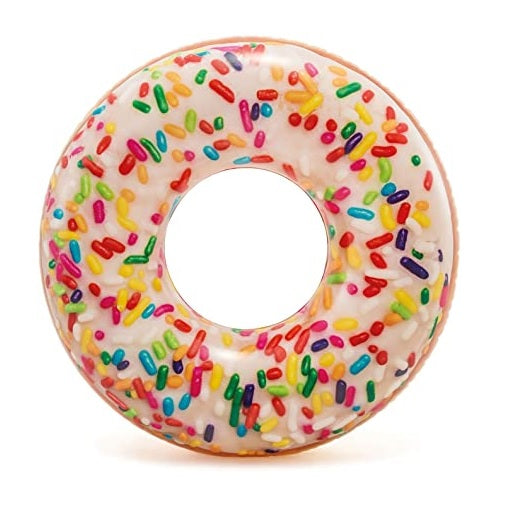 Inflatable inner tube designed to look like a donut with frosting and multi-colored sprinkles.