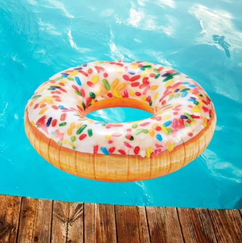 Inflatable inner tube designed to look like a donut with frosting and multi-colored sprinkles.