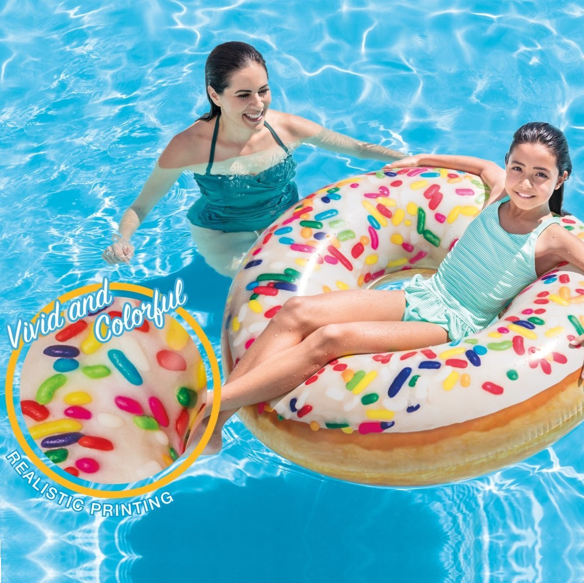 Inflatable inner tube designed to look like a donut with frosting and multi-colored sprinkles.
