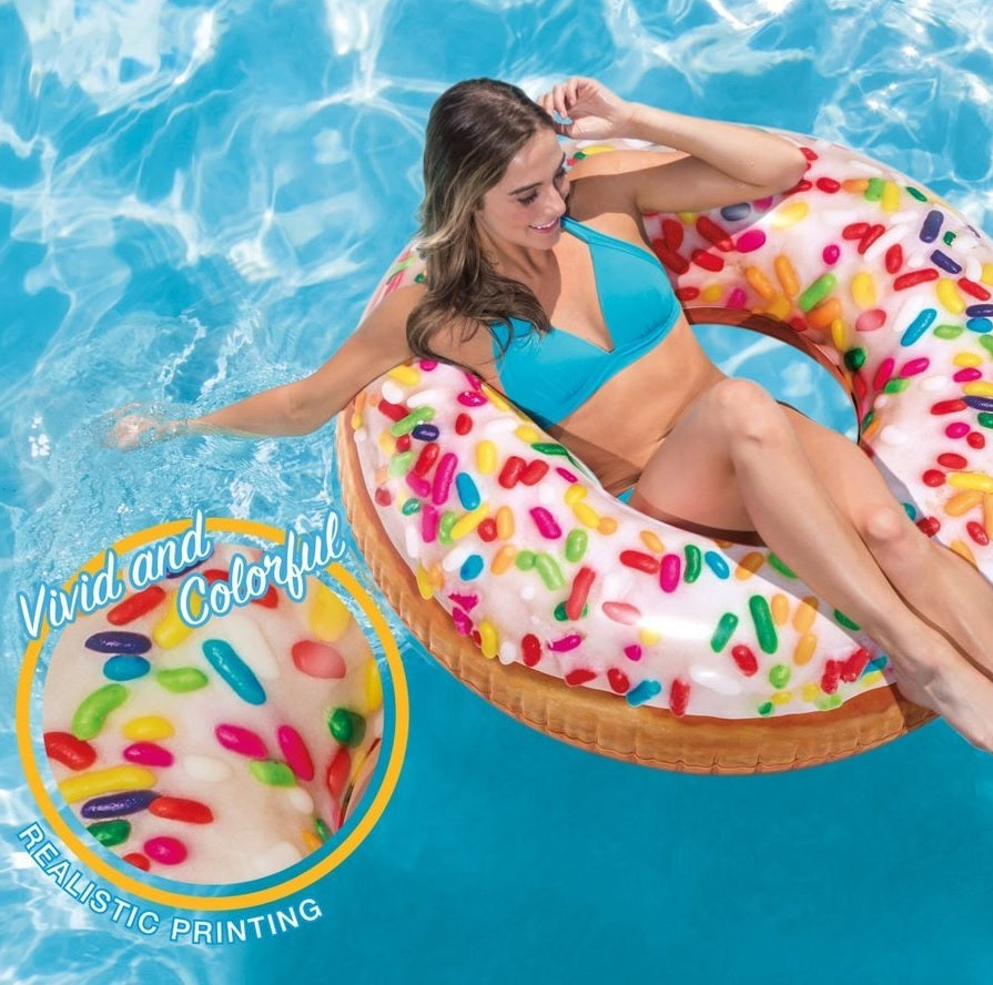 Inflatable inner tube designed to look like a donut with frosting and multi-colored sprinkles.