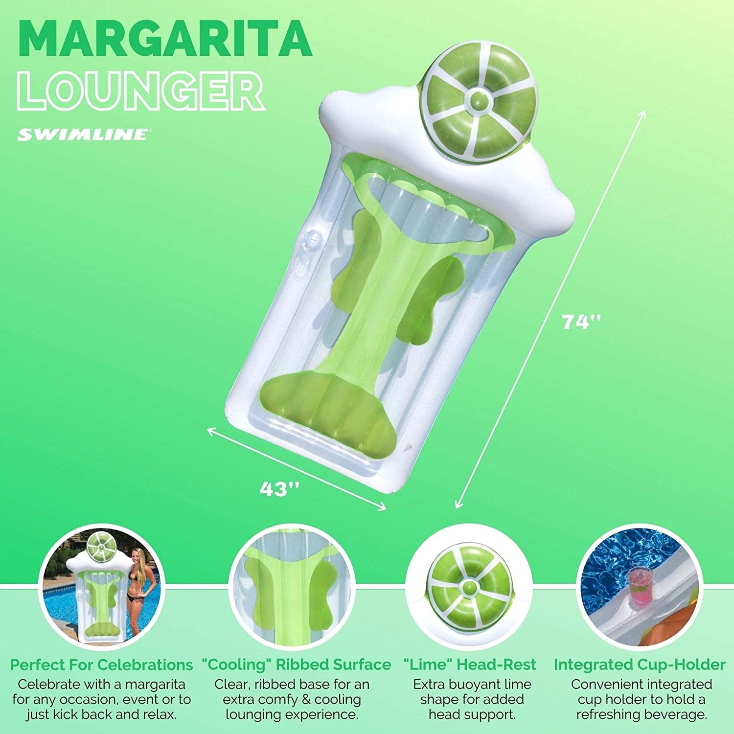 Pool float lounger shaped like a martini glass with a lime on top.