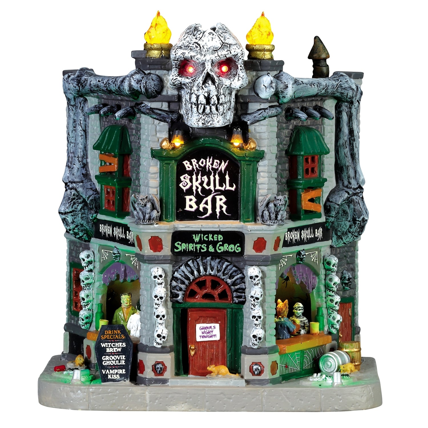 Porcelain lighted building for a Lemax display. Designed to look like a brick building with boarded up windows and skull accents. There are monsters visible inside the bar.
