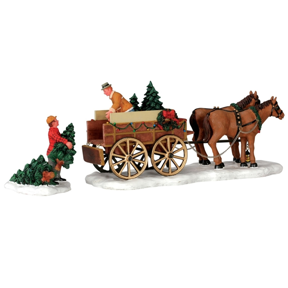 Polyresin figurine for a Lemax display. Designed to look like two horses pulling a carriage that holds trees. There are two men putting the trees in the carriage. The wagon is decorated with multi-colored lights and decorated wreaths. Both men are wearing winter clothes and hats.