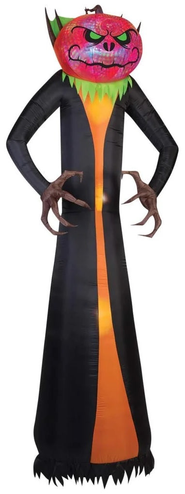 Halloween inflatable decoration that looks like a monster wearing a long black coat with orange underneath. The head looks like a spooky jack-o-lantern.
