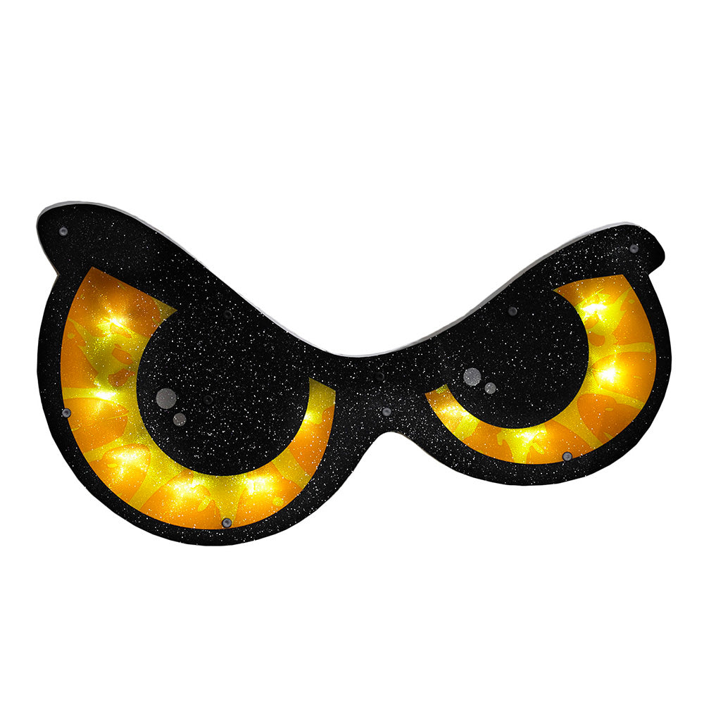 Decoration that is shaped like spooky, orange eyes. They light up.