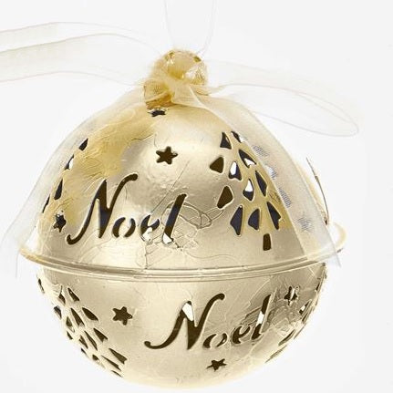 Gold bell ornament. There are tree and star cutouts and a cutout that reads "NOEL."