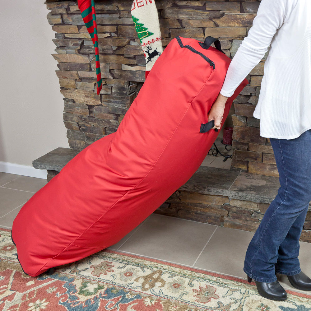 Picture of a red 9' rolling artificial Christmas tree storage bag