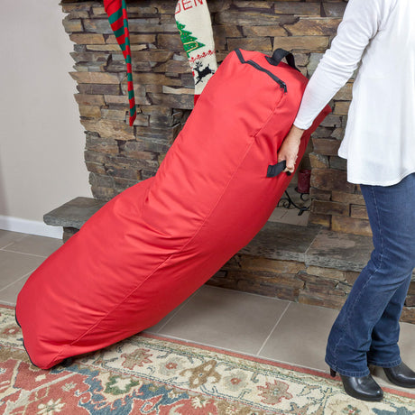 Picture of a red 9' rolling artificial Christmas tree storage bag