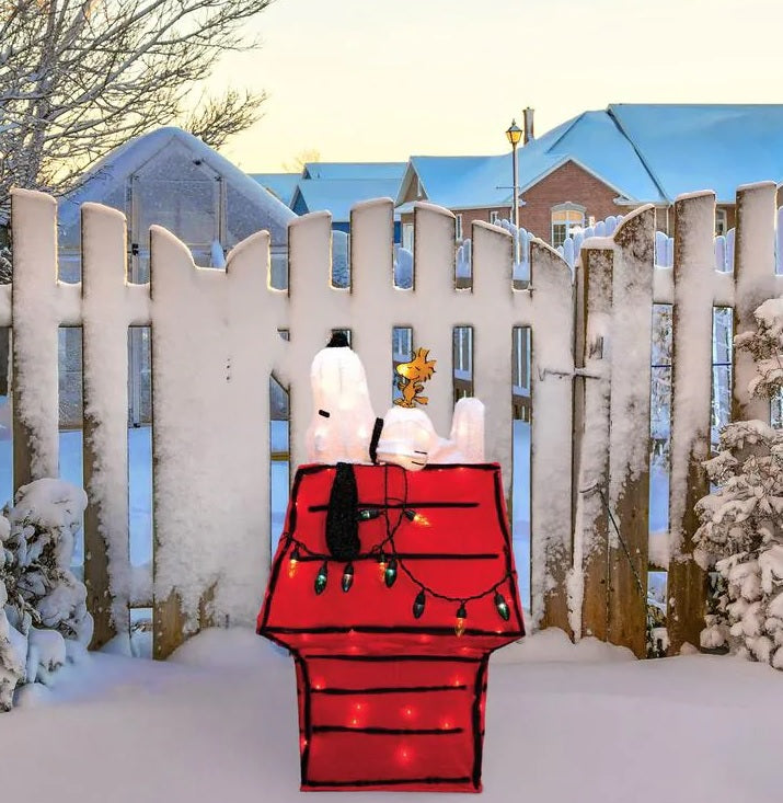 32" 3D Lighted Soft Tinsel Snoopy On Dog House Sculpture