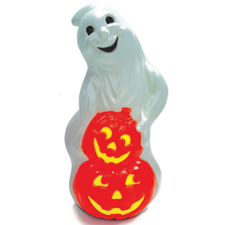 This picture is a blow molded ghost holding two pumpkins