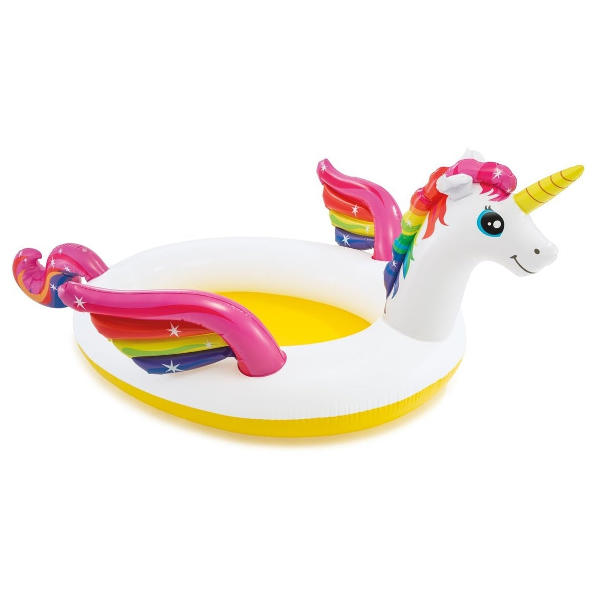 Inflatable pool for kids shaped like a rainbow unicorn.